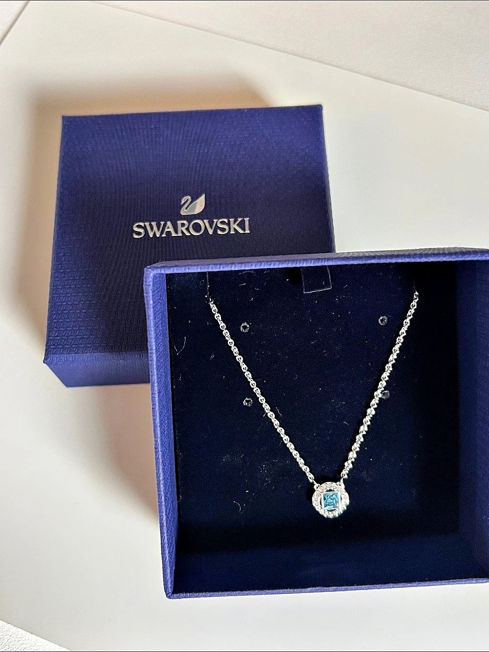 Swarovski Angelic Square Pendant Necklace Silver & Blue Like New